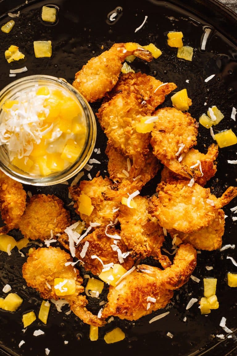 Coconut king prawns with pineapple coconut dipping sauce