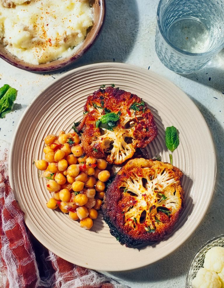 Harissa spiced cauliflower steaks with lemon chickpeas